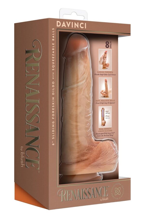 332069-P.jpg Renaissance Davinci 8 Inch Sliding Foreskin Dildo With Squeezable Balls Tan