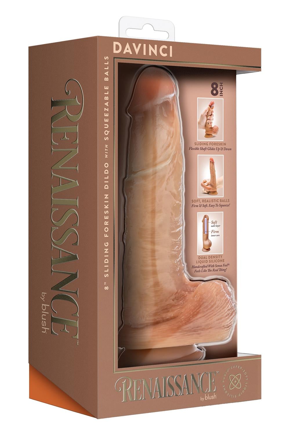 Renaissance Davinci 8 Inch Sliding Foreskin Dildo With Squeezable Balls Tan