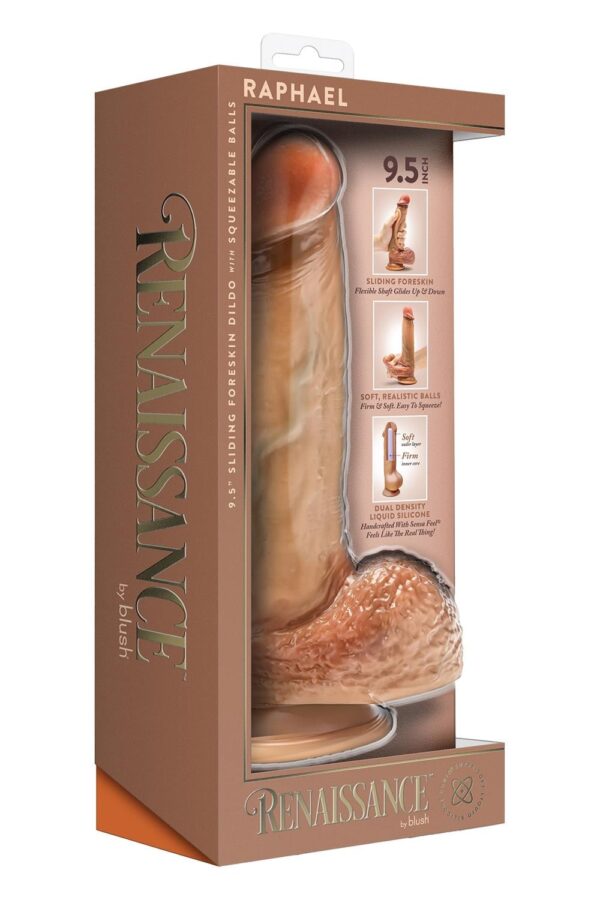 332070-P.jpg Renaissance Raphael 9.5 Inch Sliding Foreskin Dildo With Squeezable Balls Tan