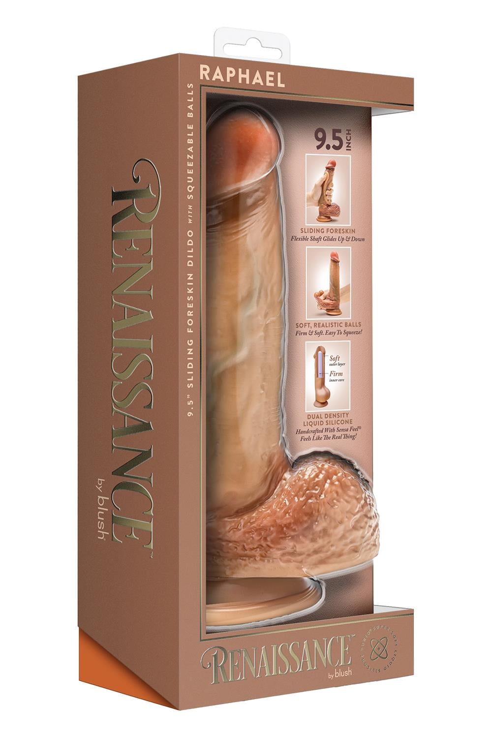 Renaissance Raphael 9.5 Inch Sliding Foreskin Dildo With Squeezable Balls Tan